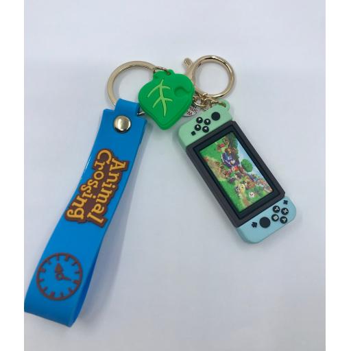 Campfire Animal Crossing Light Blue/Green Handheld Console Keychain with Blue Wrist Strap
