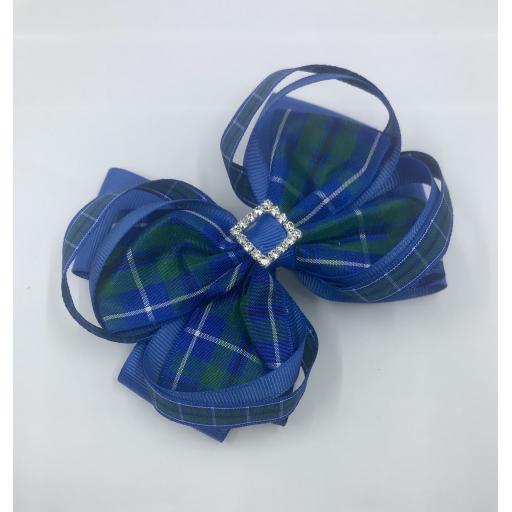 Douglas Tartan and Royal Blue Ribbon Double Bow with Double Loops Hair Clip