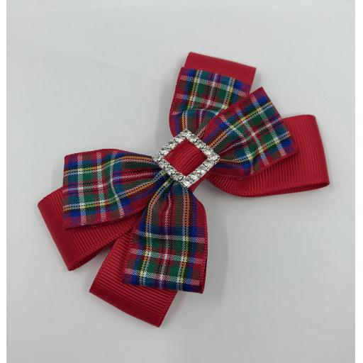 Royal Stewart and Red Ribbon Double Bow Hair Clip