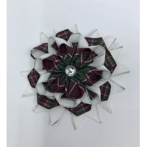 Wine/Burgundy and Green with White Trim Tartan Rosette Bow
