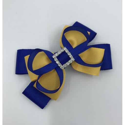 Cobalt Blue and Yellow Gold Double Layer Bow with Loops on Clip