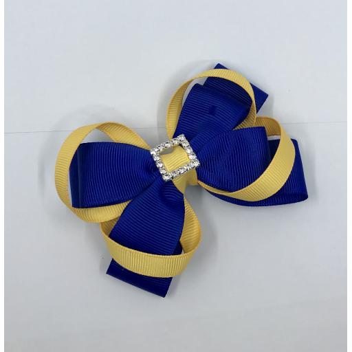Cobalt Blue Double Layer Bow with Yellow Gold Loops on Clip