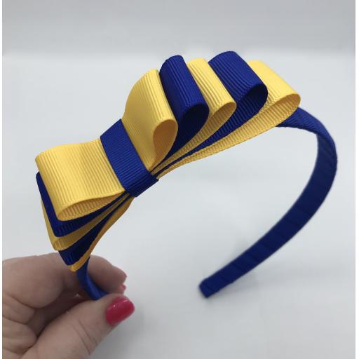 Cobalt Blue 1.5cm Hairband with 5 Layer Cobalt and Yellow Gold Straight Classic Bow