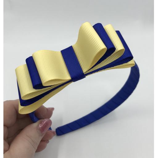 Cobalt Blue 1.5cm Hairband with 5 Layer Cobalt and Chamois Yellow Straight Classic Bow