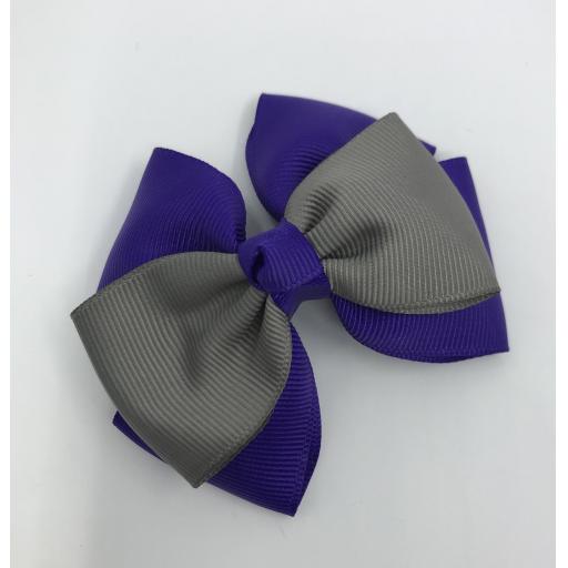 Purple and Grey Double Layer with Single Layer and Top Knot Bow on Clip