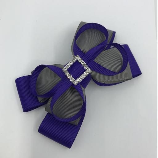 Purple and Grey Double Layer Bow with Loops on Clip