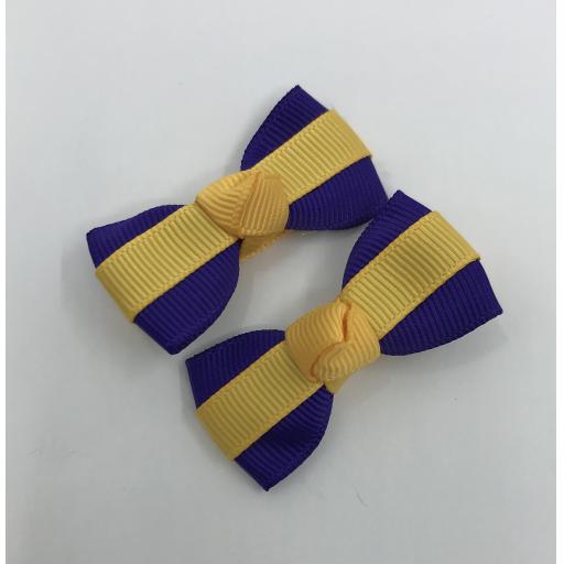 Itty Bitty Purple and Yellow Gold Bow on Clips (pair)