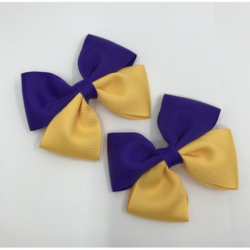 Purple and Yellow Gold Double Bows on Clips (pair)