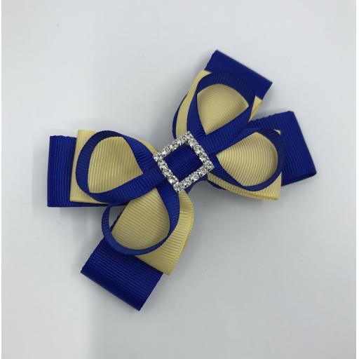 Cobalt Blue and Chamois Yellow Double Layer Bow with Loops on Clip