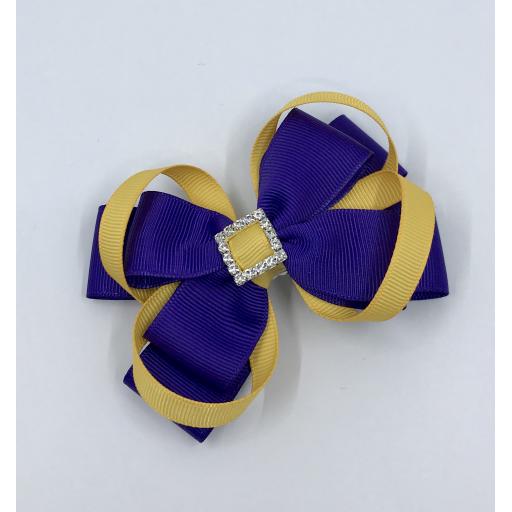 Purple Double Layer Bow with Yellow Gold Loops on Clip