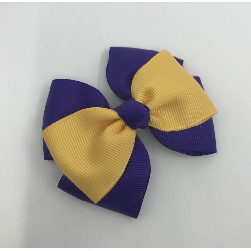 Purple and Yellow Gold Double Layer with Single Layer and Top Knot Bow on Clip