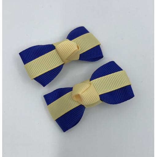 Itty Bitty Cobalt Blue and Chamois Yellow Bow on Clips (pair)