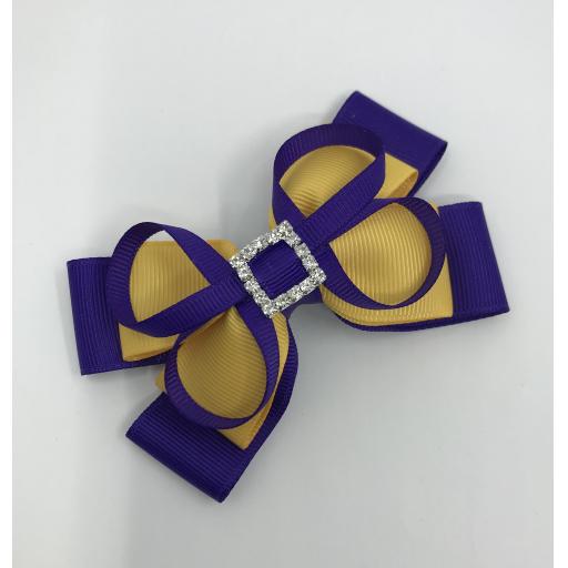 Purple and Yellow Gold Double Layer Bow with Loops on Clip