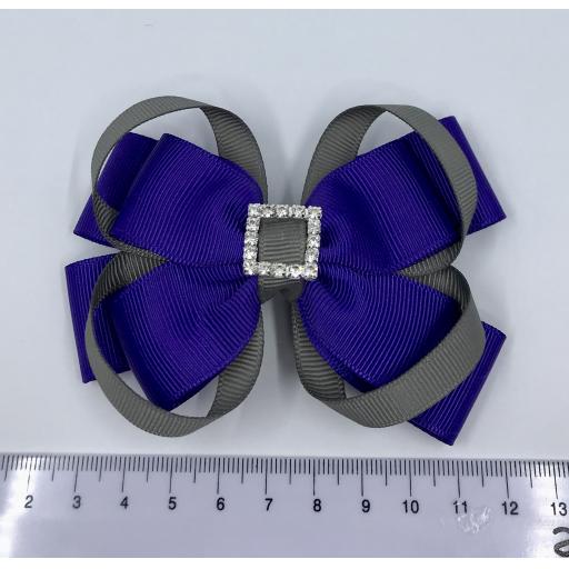 Purple Double Layer Bow with Grey Loops on Clip
