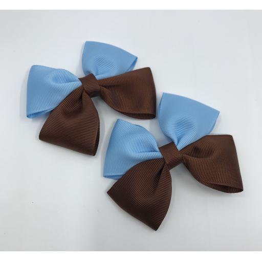 Brown and Light Blue Double Bows on Clips (pair)
