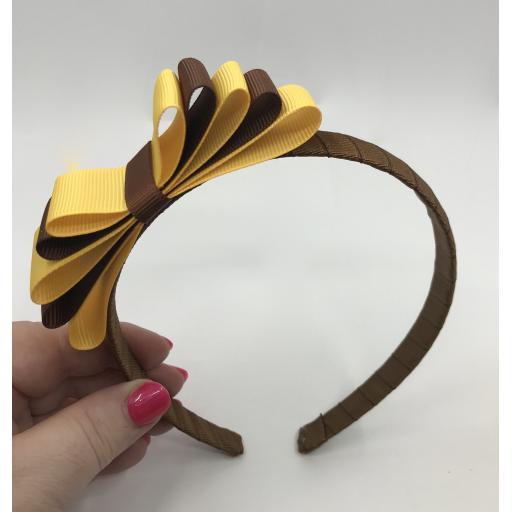 Brown 1.5cm Hairband with 5 Layer Brown and Yellow Gold Straight Classic Bow