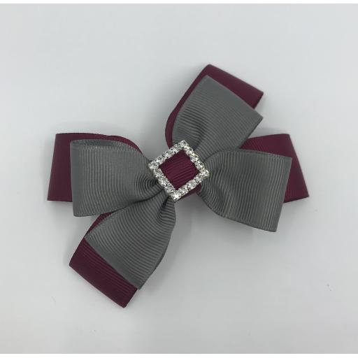 Wine and Grey Double Layer Bow on Clip