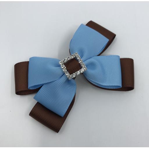 Brown and Light Blue Double Bow with Diamante clip