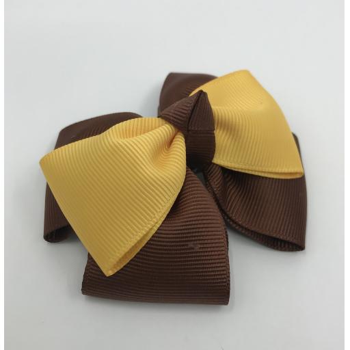 Brown and Yellow Gold Double Layer with Single Layer and Top Knot Bow on Clip