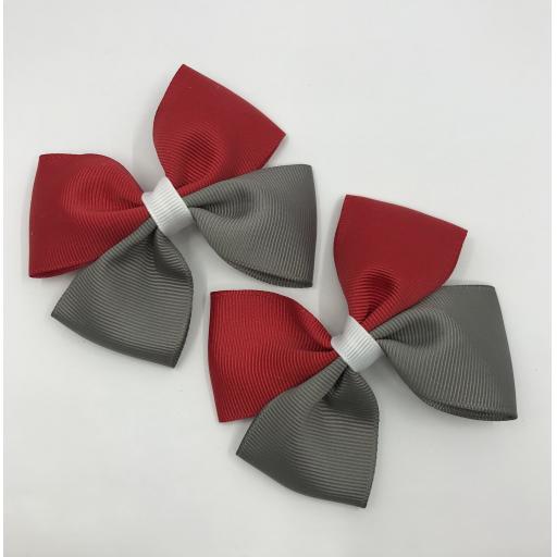 Red, Grey and White Double Bows on Clips (pair)