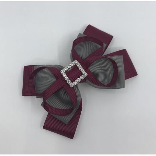 Wine and Grey Double Layer Bow with Loops on Clip
