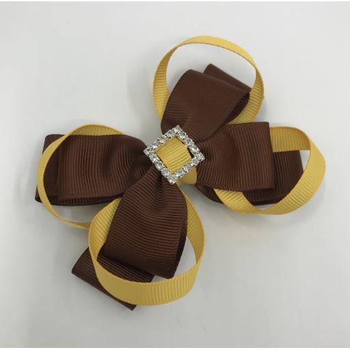 Brown Double Layer Bow with Yellow Gold Loops on Clip