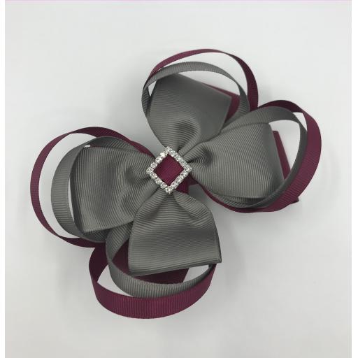 Large 5 inch Wine and Grey Double Layer Bow with Double Loops on Clip