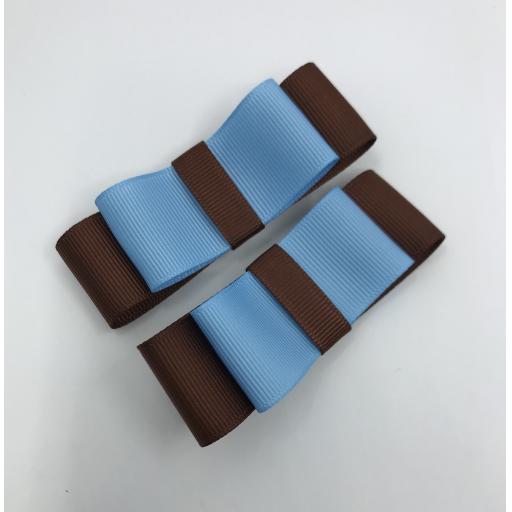 Brown and Light Blue Straight bows on clips (pair)