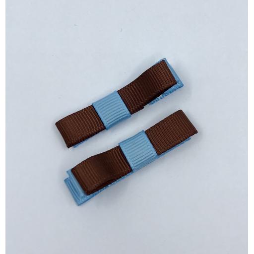 Small Straight Brown and Light Blue Bow on Clips (pair)