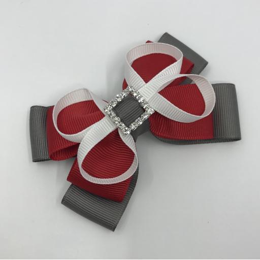 Red and Grey Double Layer Bow with White Loops on Clip