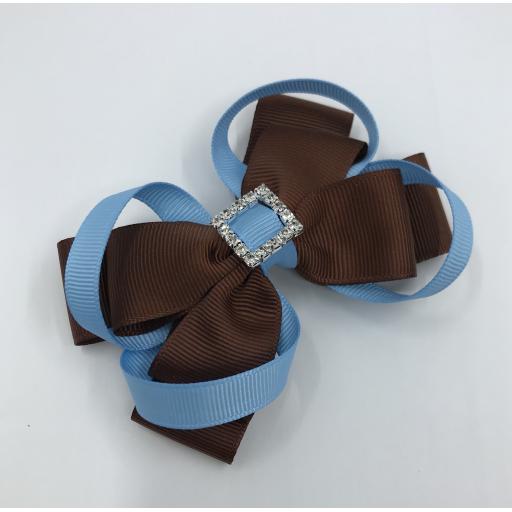 Brown Double Layer Bow with Light Blue Loops on Clip