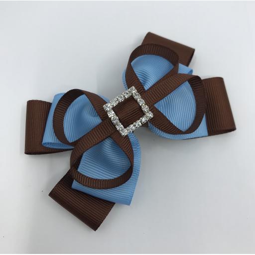 Brown and Light Blue Double Layer Bow with Loops on Clip