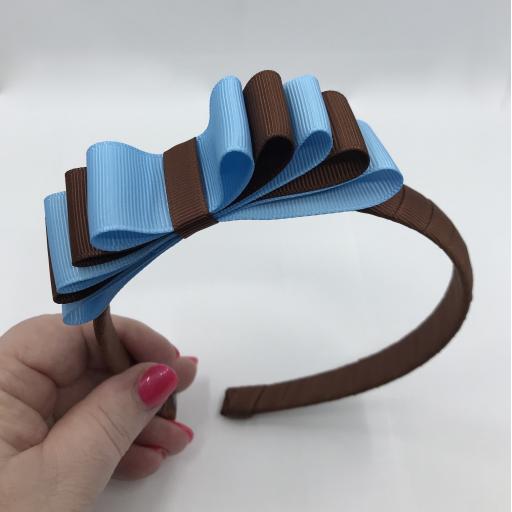Brown 1.5cm Hairband with 5 Layer Brown and Light Blue Straight Classic Bow