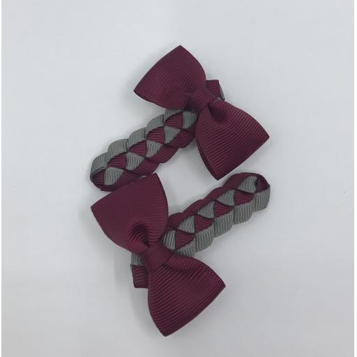 Wine and Grey Pleated Clips with Bow on Clips (pair)