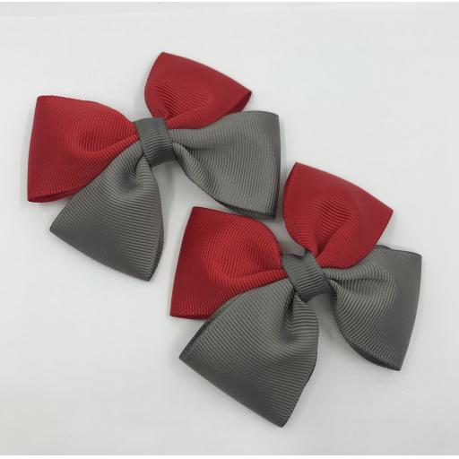 Red and Grey Double Bows on Clips (pair)