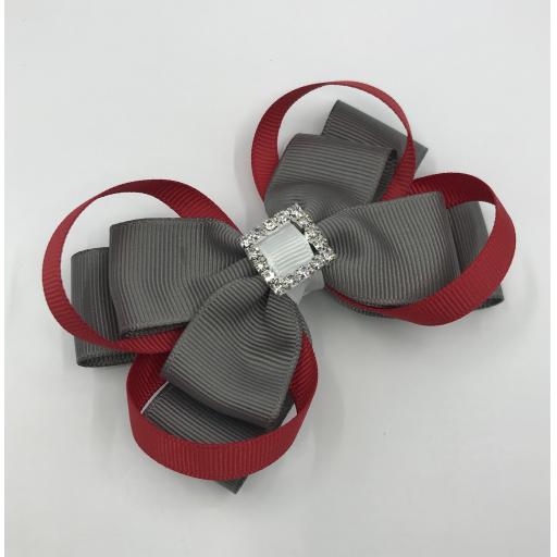 Grey and White Double Layer Bow with Red Loops on Clip
