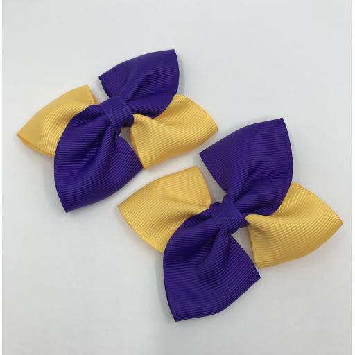 Square Purple and Yellow Gold Bows on Clips (pair)