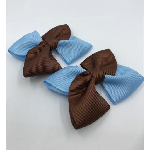 Square Brown and Light Blue Bows on Clips (pair)