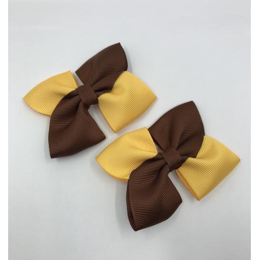 Square Brown and Yellow Gold Bows on Clips (pair)