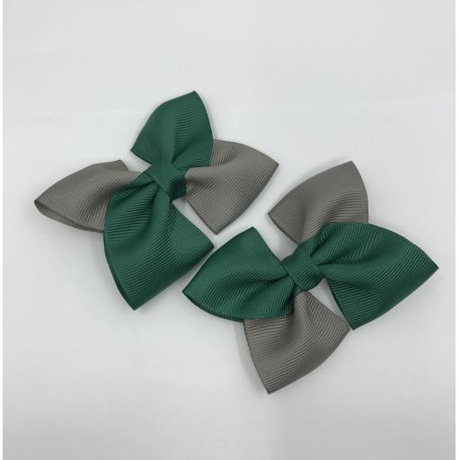 Square Hunter Green and Grey Bows on Clips (pair)