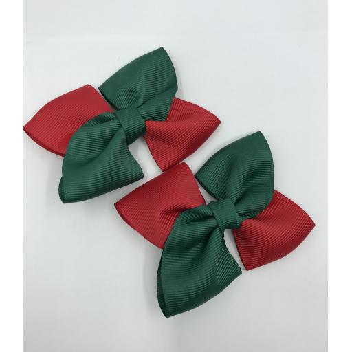 Square Hunter Green and Red Bows on Clips (pair)