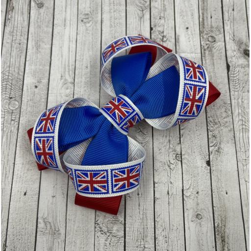 Coronation Royal Blue and Red Double Bow with Union Jack Loops and Centre