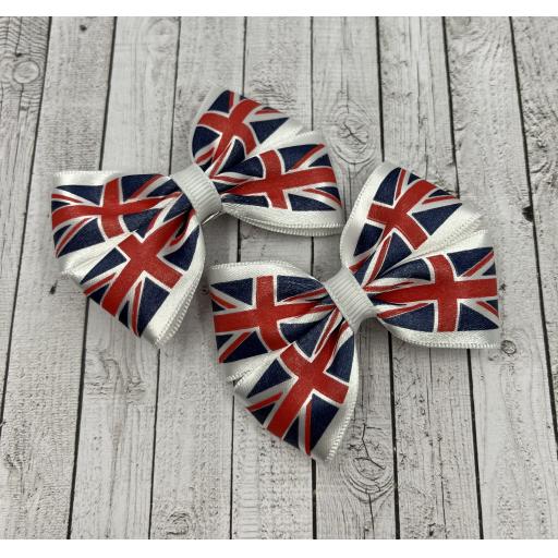Pair Small 2.5 inch Union Jack Satin Coronation Classic Bows (Navy, Red and White)