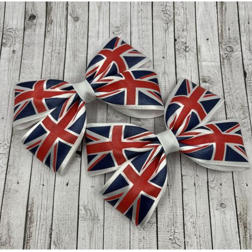 Pair Medium 4 inch Union Jack Satin Coronation Classic Bows (Navy, Red and White)