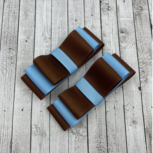 Brown and Light Blue Straight bows on clips (pair)
