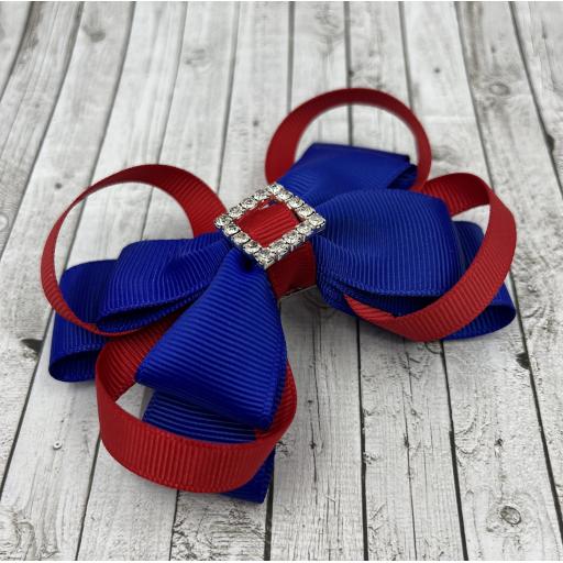 Cobalt Blue Double Layer Bow with Red Loops on Clip
