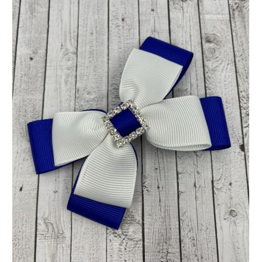 Cobalt Blue and White Double Layer Bow on Clip