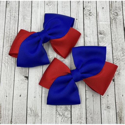 Cobalt Blue and Red Diagonal Bows on Clips (pair)