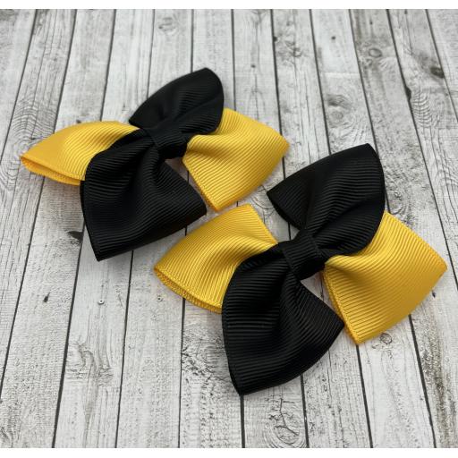 Black and Yellow Gold Square Bows on Clips (pair)