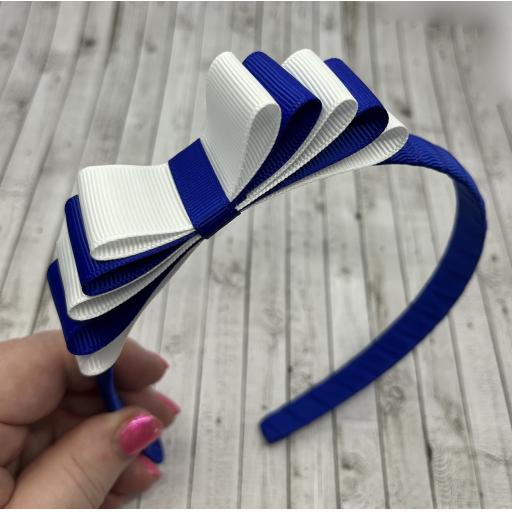 Cobalt Blue 1.5cm Hairband with 5 Layer Cobalt and White Straight Classic Bow
